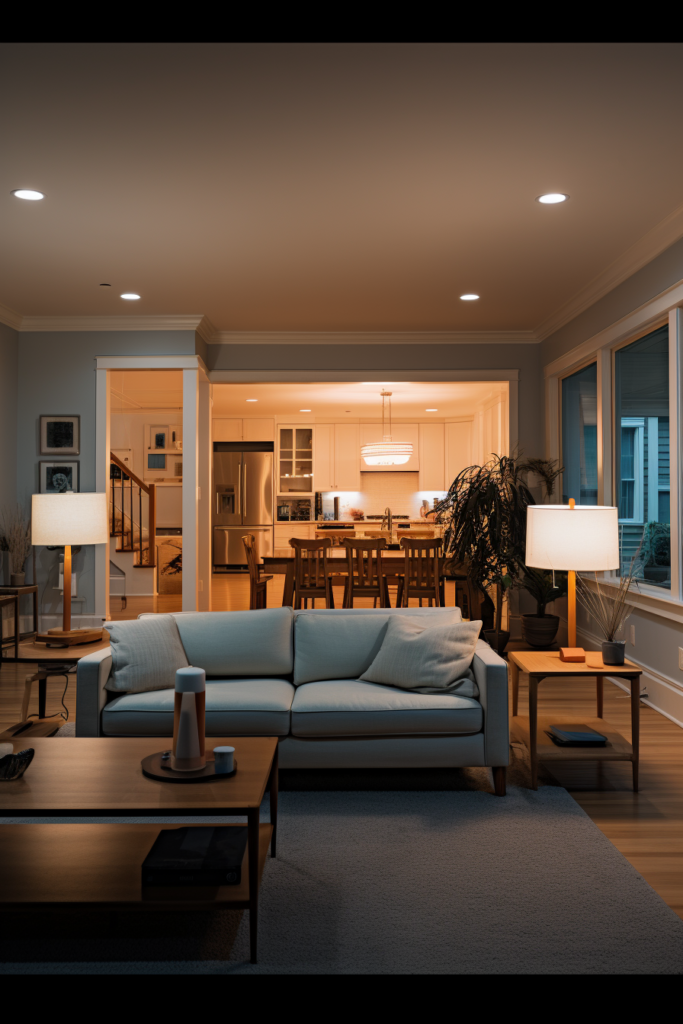 Enhance the lighting design of a long and narrow living room, complete with a couch and a coffee table.