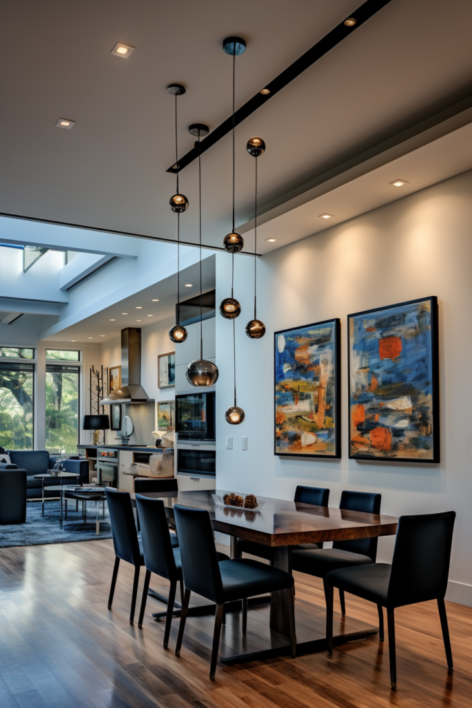 A modern dining room with enhanced lighting design featuring a sleek wooden table and chairs.