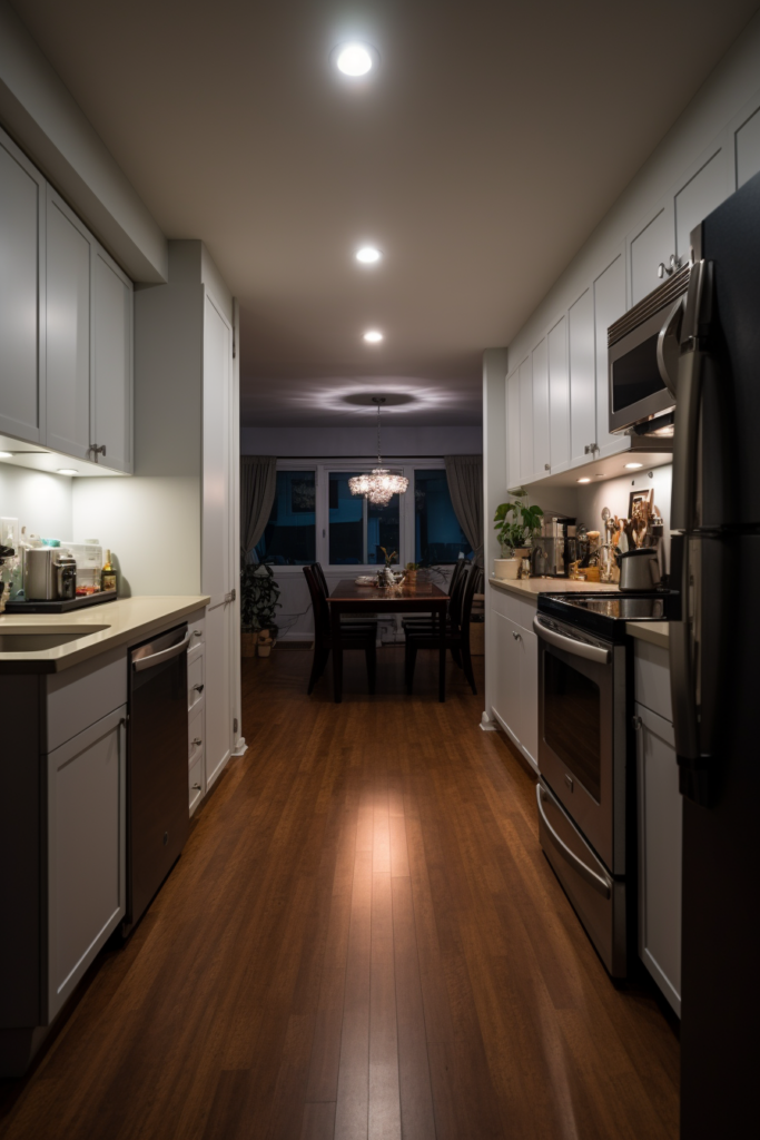 A long and narrow wooden floor in a combined kitchen and dining area with carefully considered lighting design.