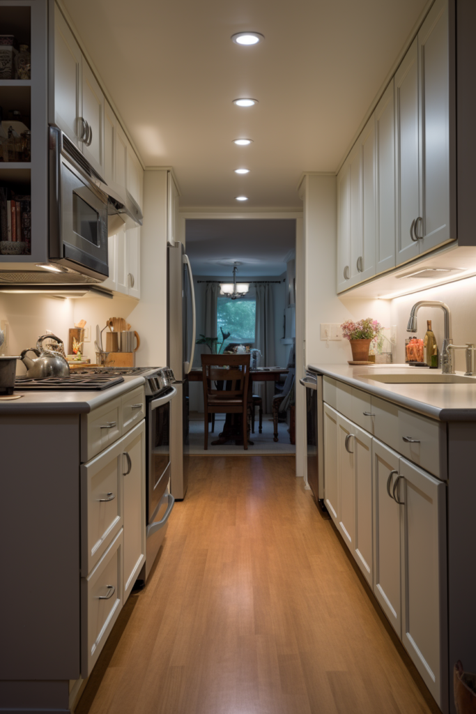 Enhance the lighting design of a long and narrow kitchen space with a wooden floor.