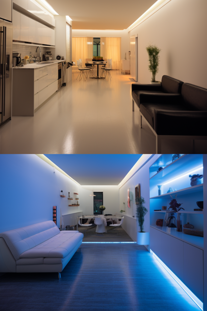 A long and narrow living room is enhanced with blue lighting, creating a unique lighting design.