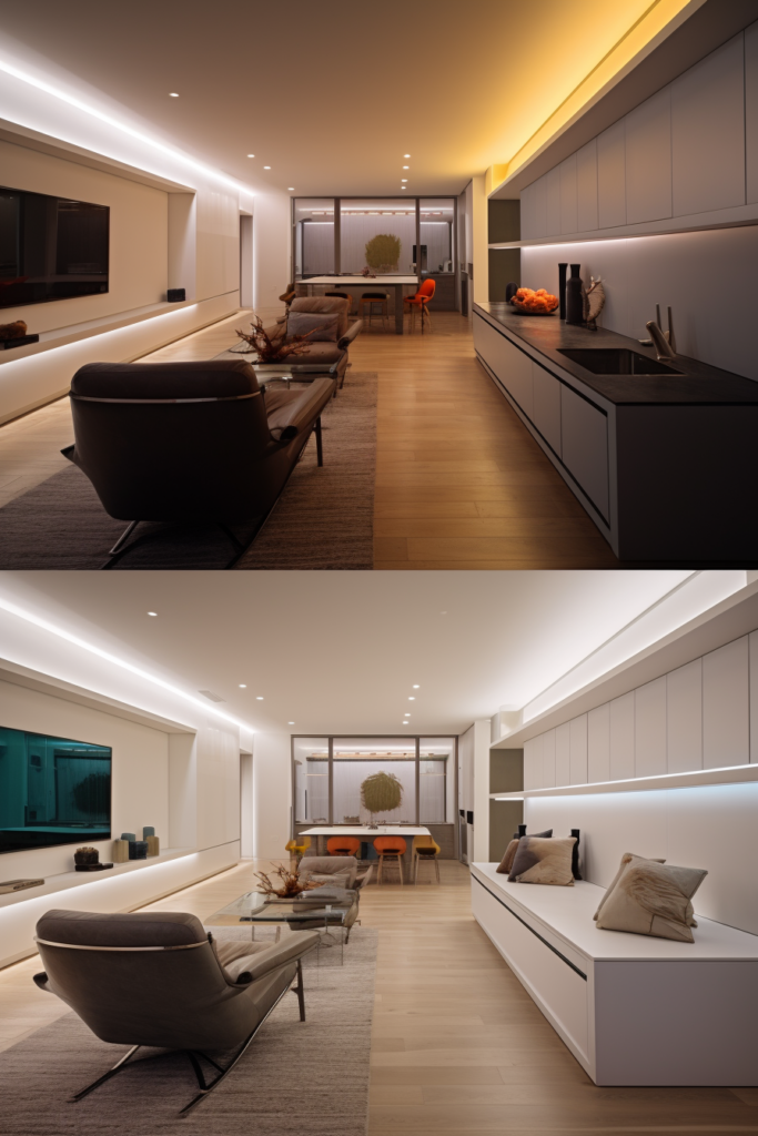 A 3D rendering of a long and narrow living room space, enhanced with expert lighting design.