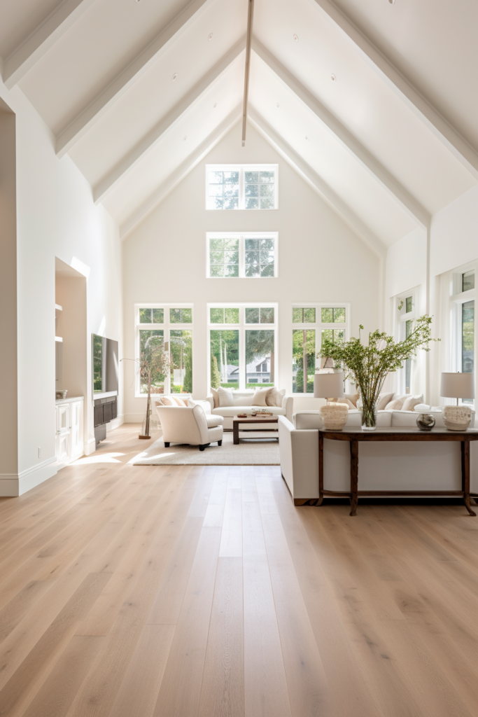 A large living room with hardwood floors and vaulted ceilings designed to enhance the lighting.