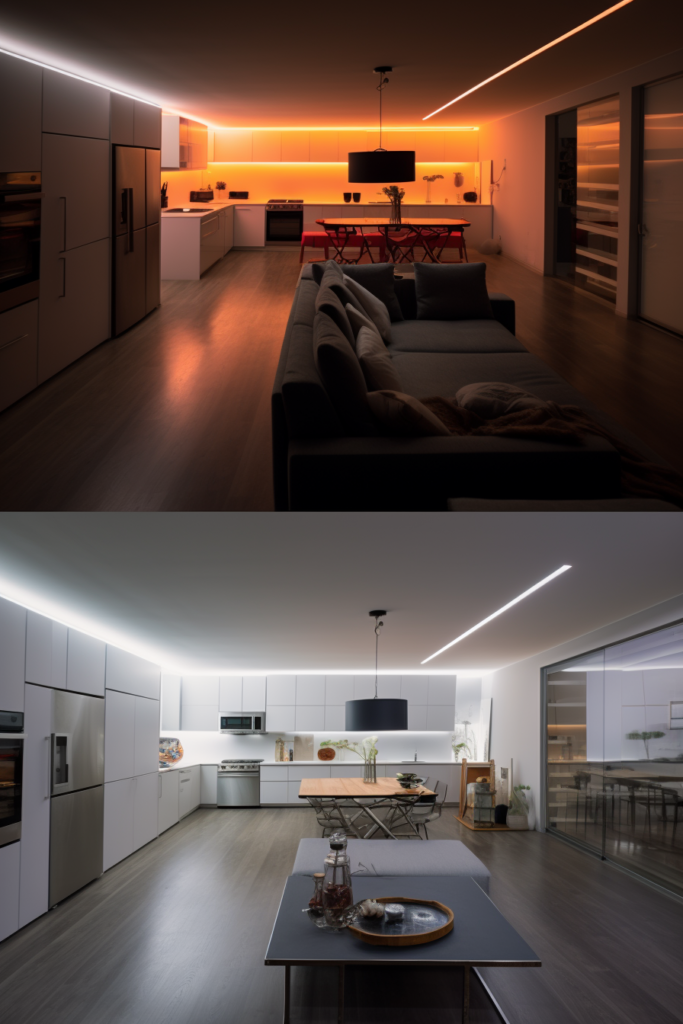 A 3D rendering of a kitchen and living room showcasing an enhanced lighting design for long and narrow spaces.