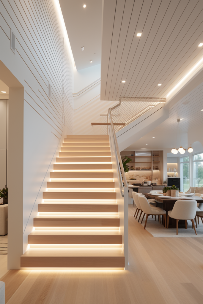 Enhance the lighting design in a long and narrow living room with a staircase leading to a dining room.