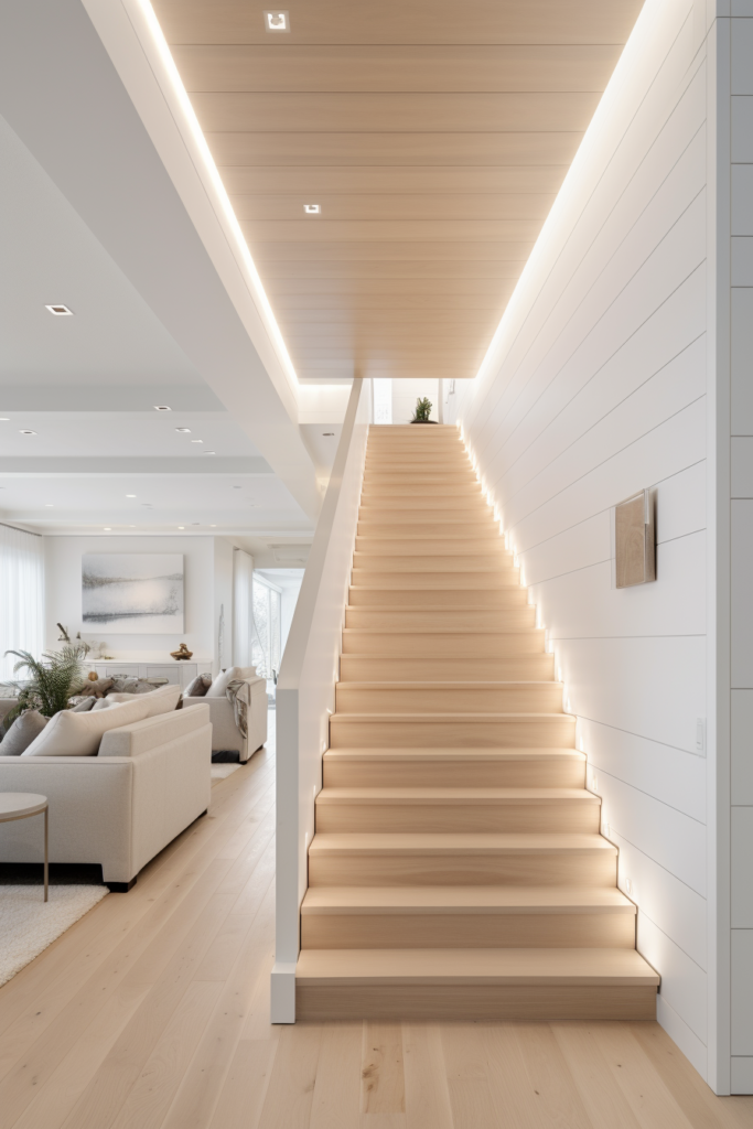 Enhance the lighting design in a modern living room with a wooden staircase situated in long and narrow combined spaces.