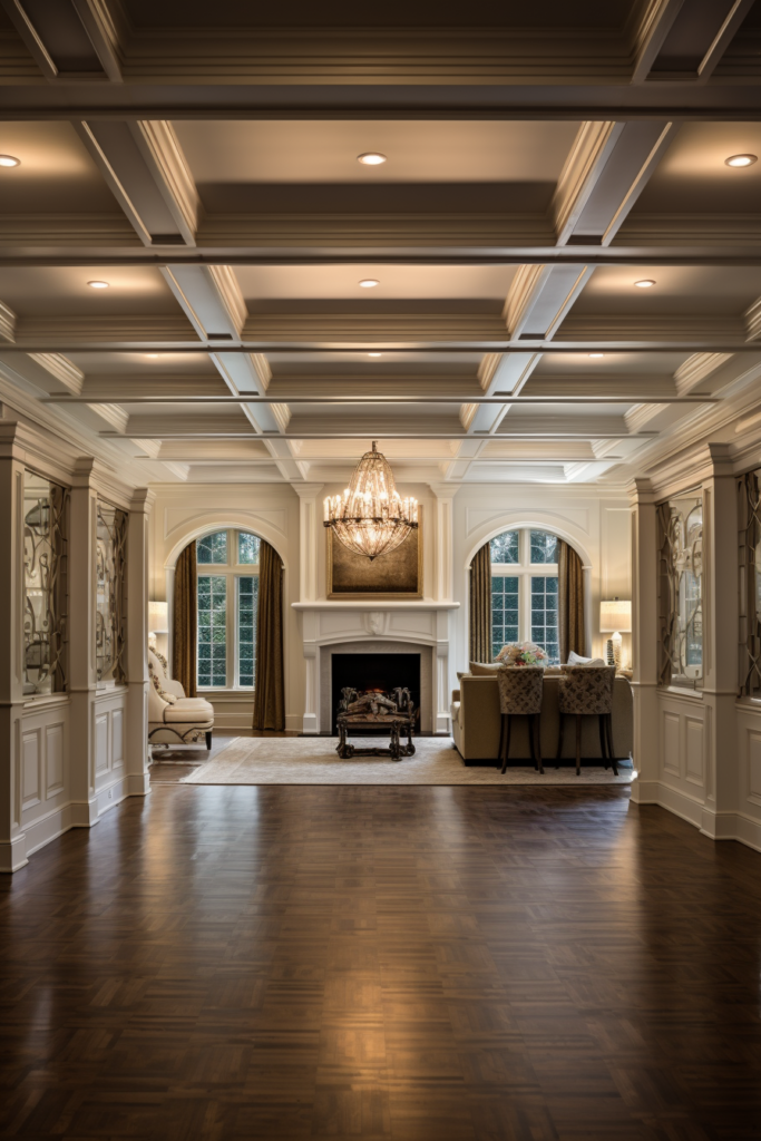 A large living room with hardwood floors and a fireplace, enhanced by lighting design.