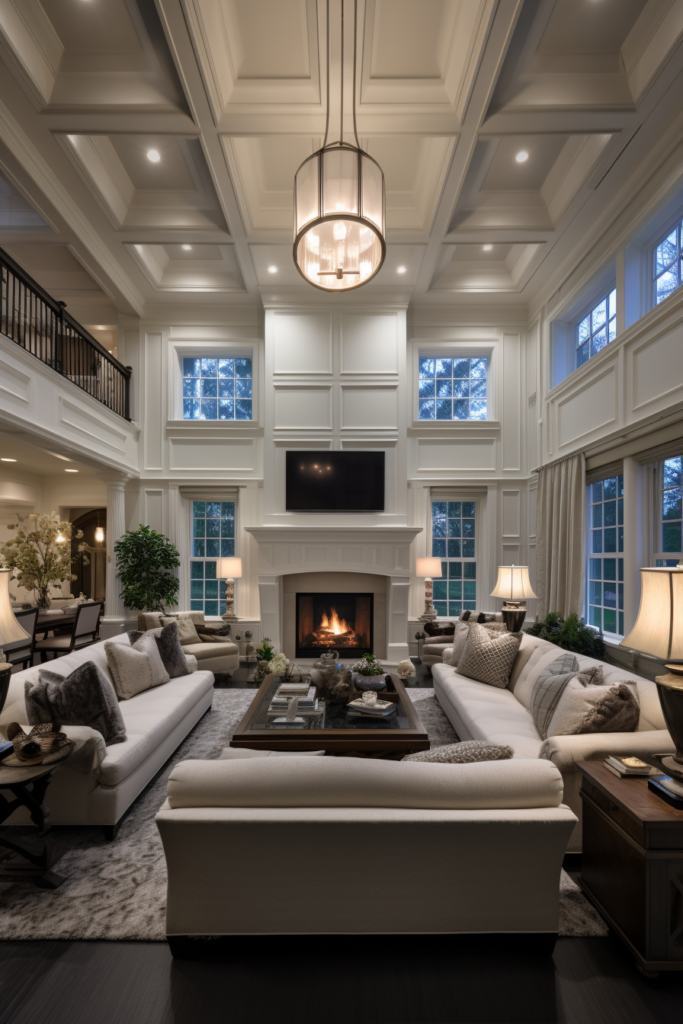 A large living room with white couches and a fireplace, featuring beautiful lighting design and combined spaces.