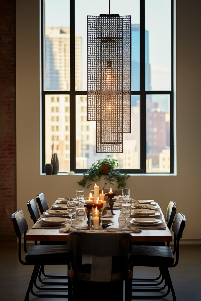 A dining table in a room with enhanced lighting design, providing a stunning view of a city.