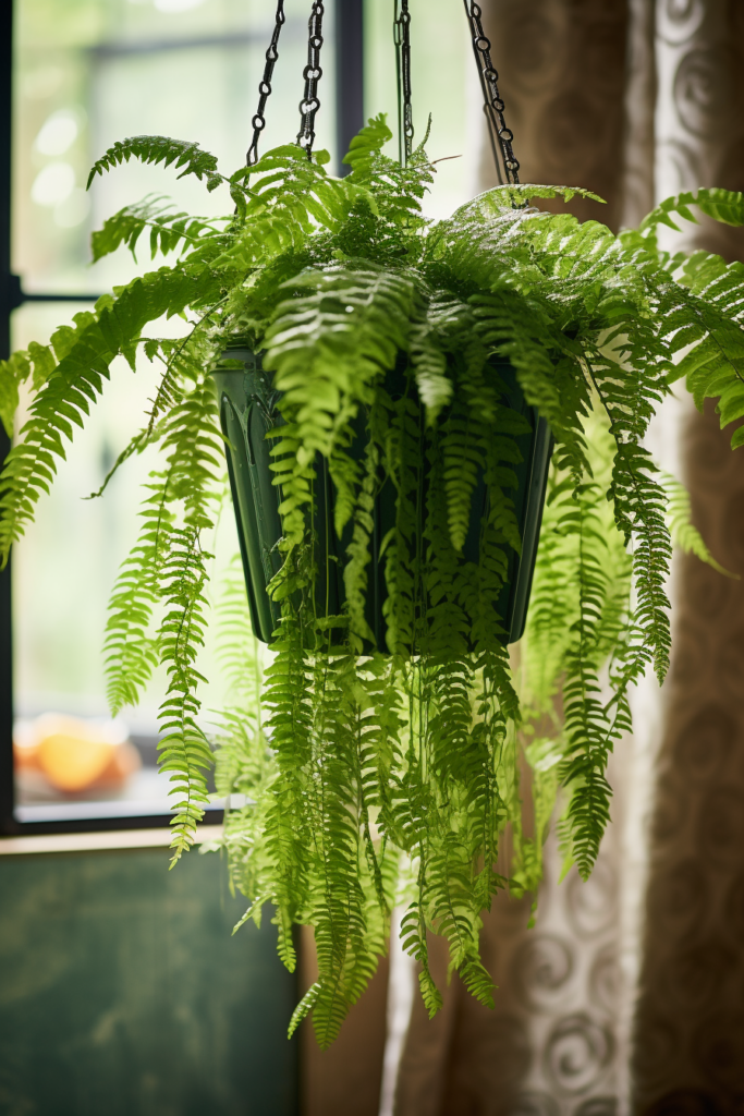 Green fern hanging in front of a window.