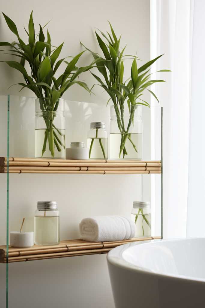 A windowless bathroom with a wooden shelf adorned with low-light plants.