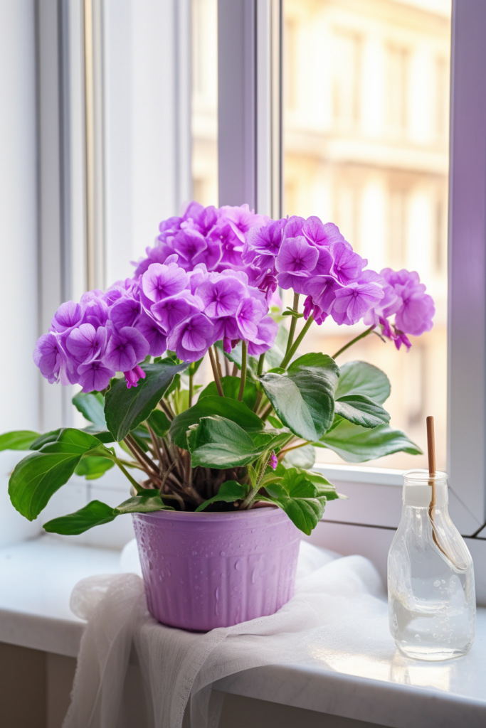 Purple flowers in a pot on a window sill, perfect for low-light conditions.