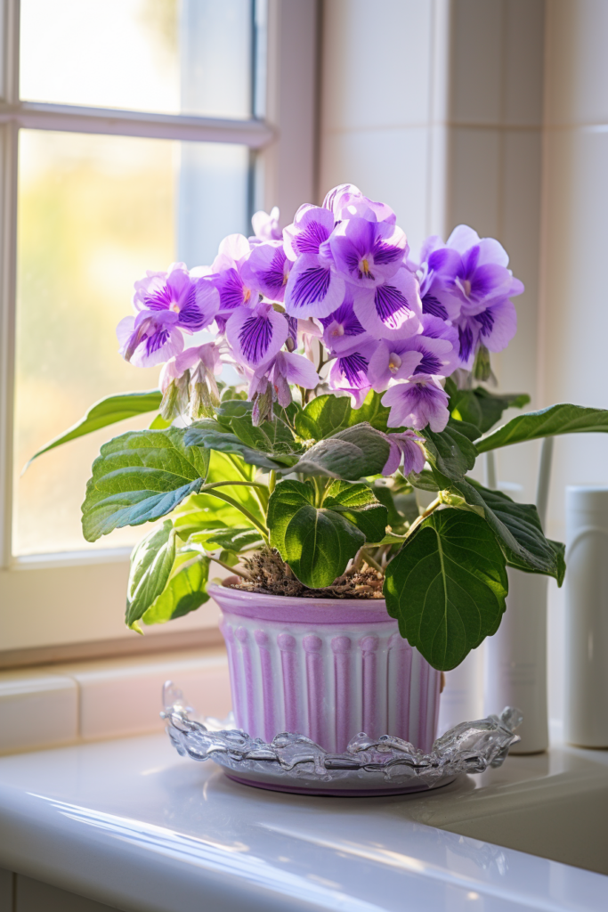 Purple flowers in a low-light pot on a window sill.