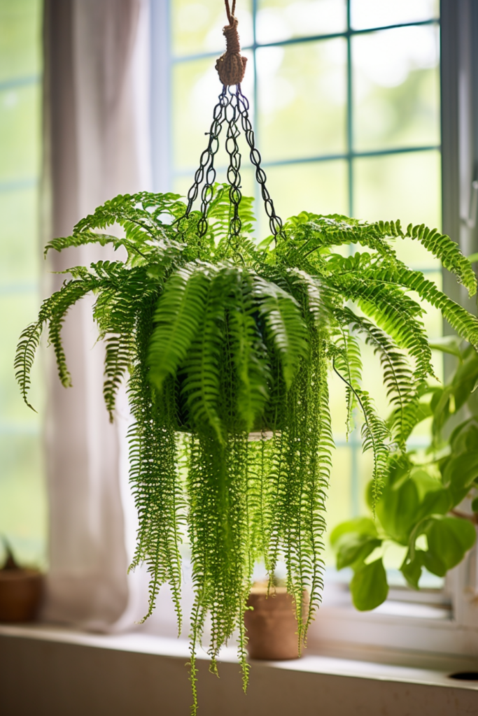 Low-light fern hanging plant in a windowless bathroom.