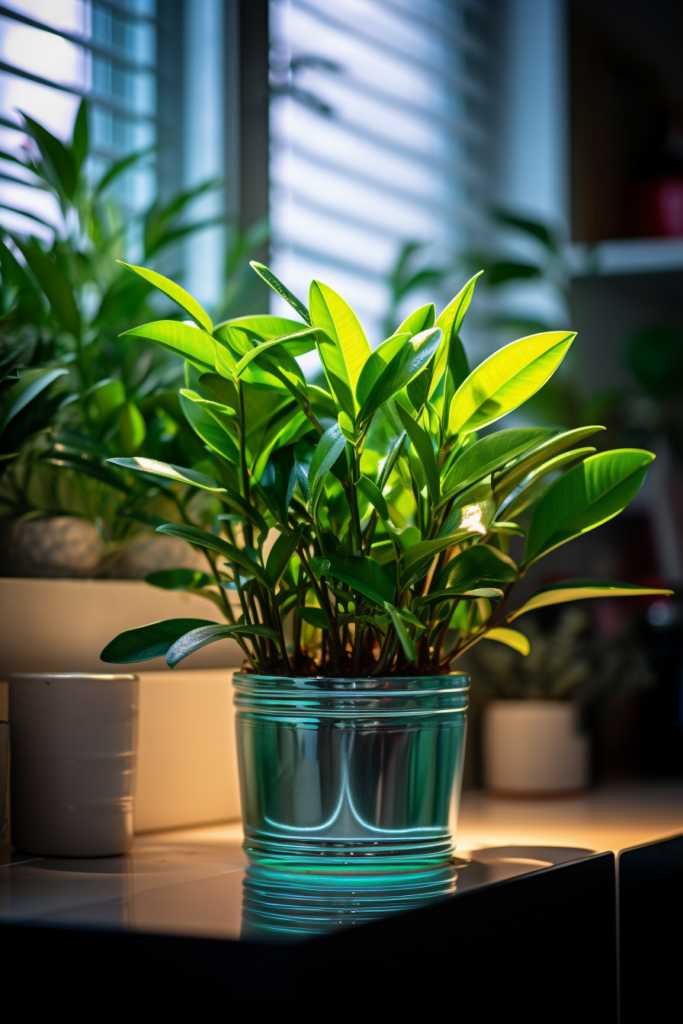 A potted plant on a table in front of a low-light window.