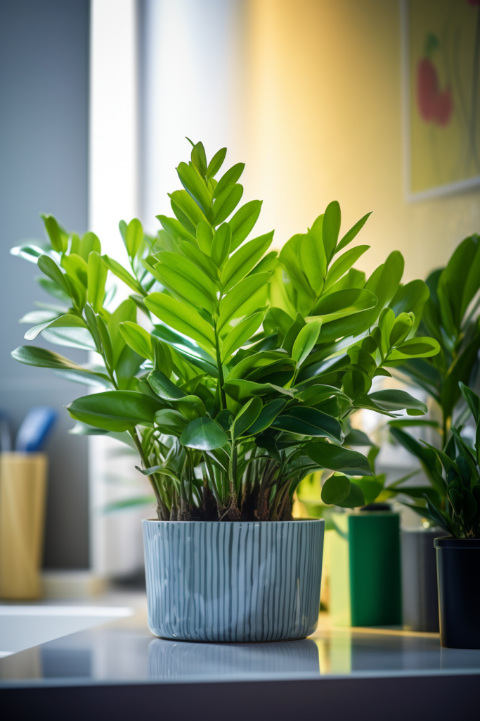 A Low-Light potted plant sits on a table in an office.