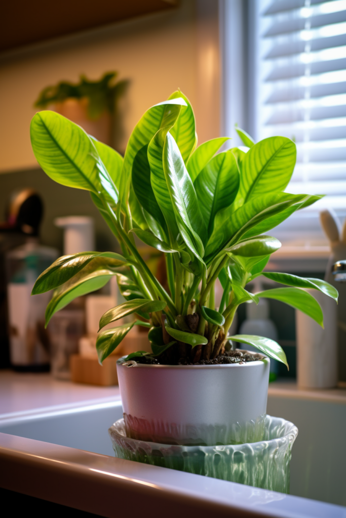 A low-light potted plant in a kitchen sink.