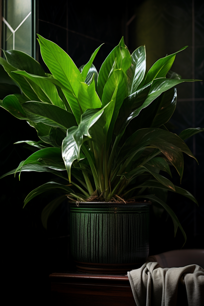 A low-light potted plant sits on a table in front of a window.