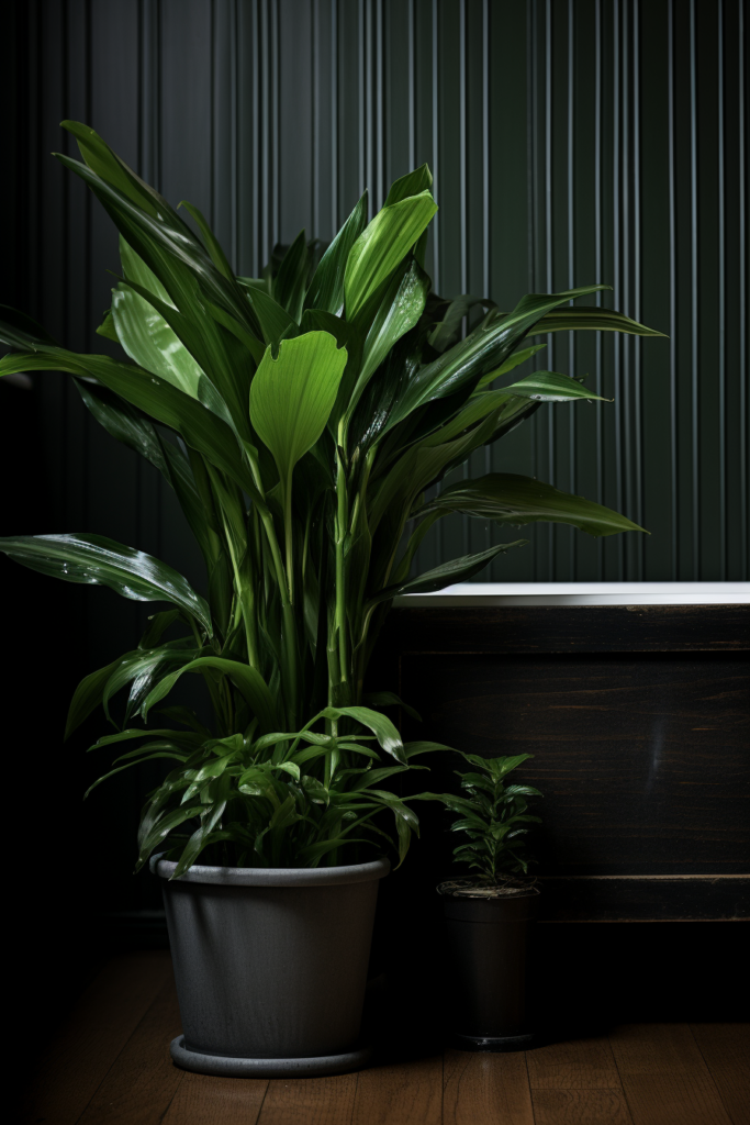 A low-light plant in front of a bathtub in a windowless bathroom.