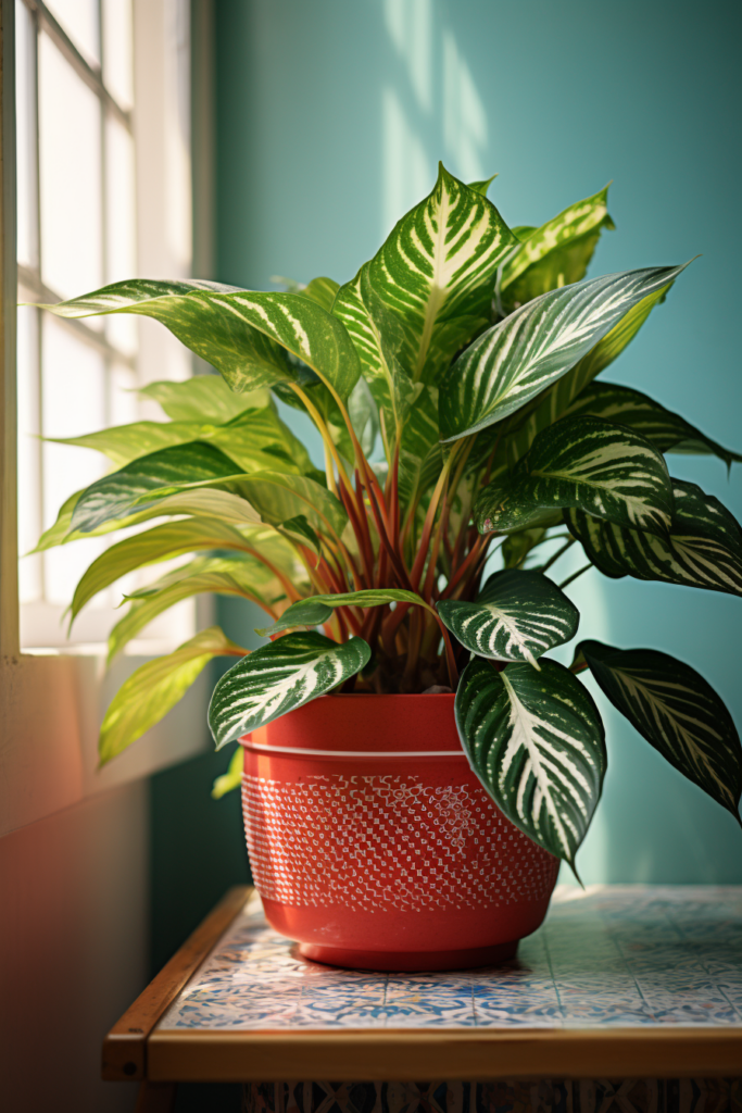 A low-light plant in a red pot on a table next to a window.
