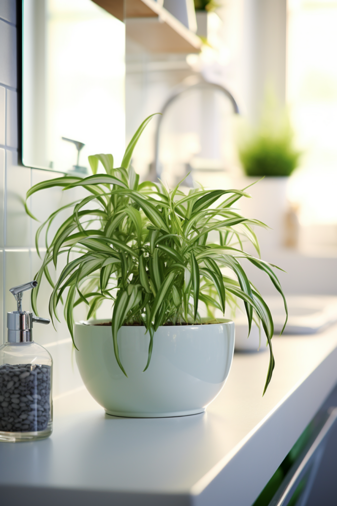 A Low-Light plant in a white bowl on a counter in a windowless bathroom.