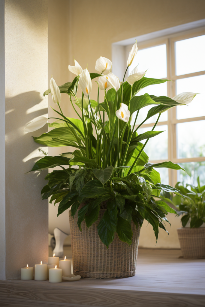 A white plant in a pot on a table in front of a window.
