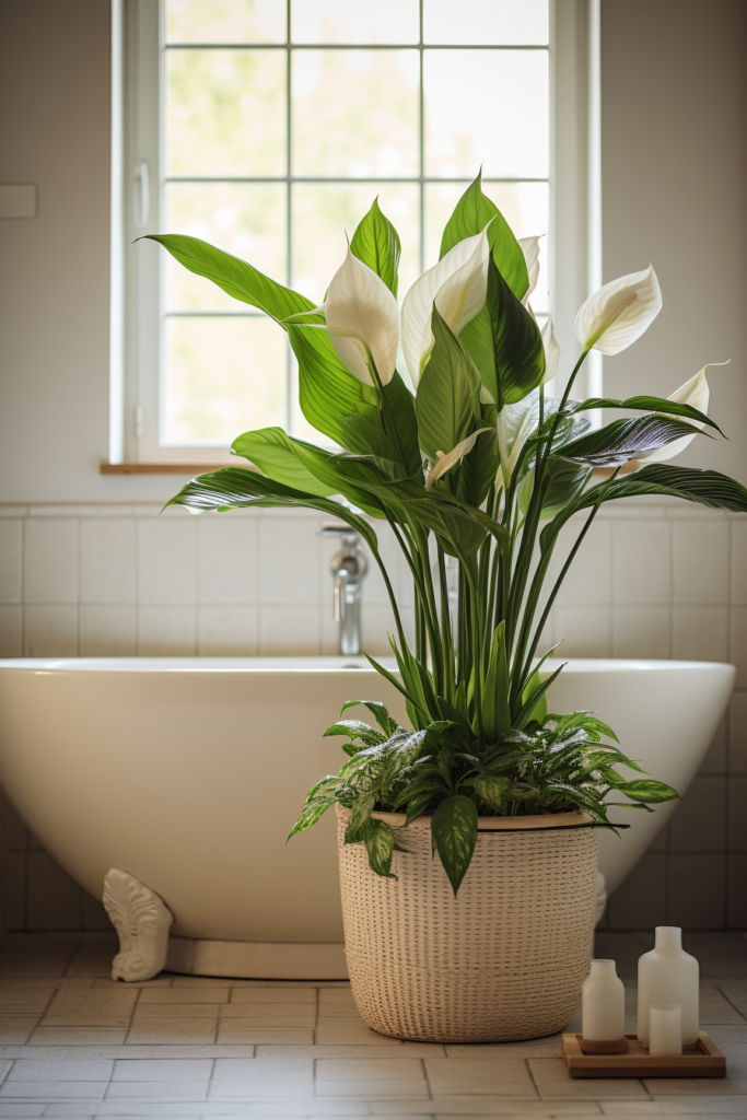 A low-light plant in a pot next to a bathtub in a windowless bathroom.
