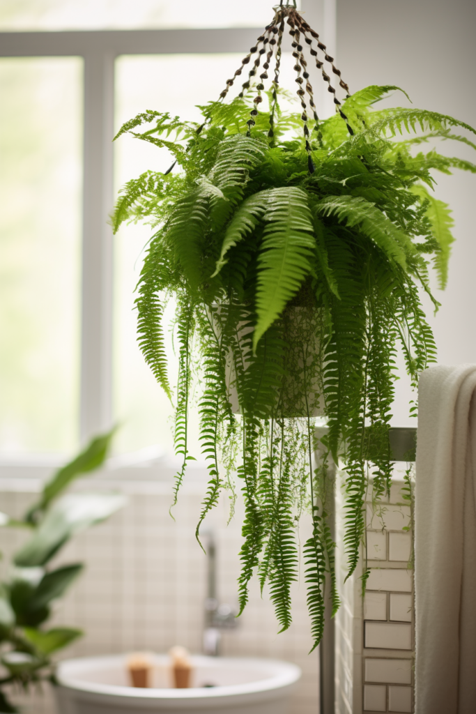 A windowless bathroom with a fern hanging from the ceiling, perfect for low-light environments or those seeking plant selection options in their space.