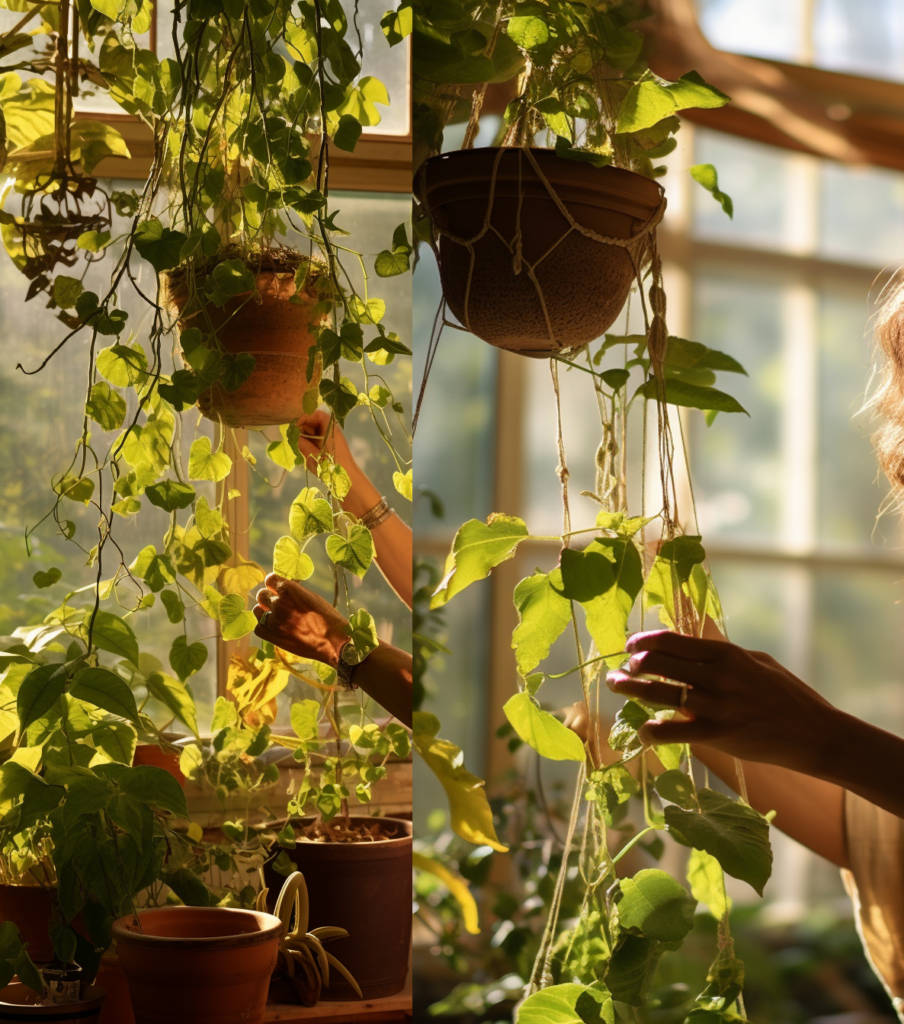 Two pictures of a woman caring for and maintaining ceiling-hung plants in a greenhouse.