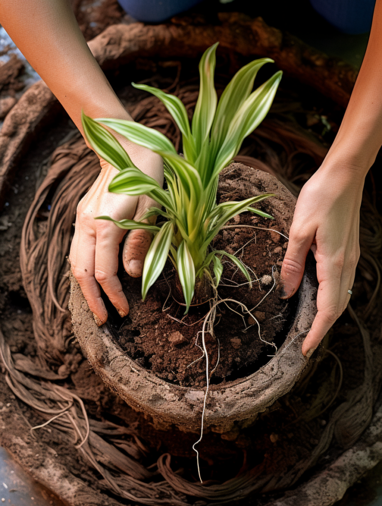 A woman is planting a plant in a clay pot, carefully ensuring proper maintenance and care.