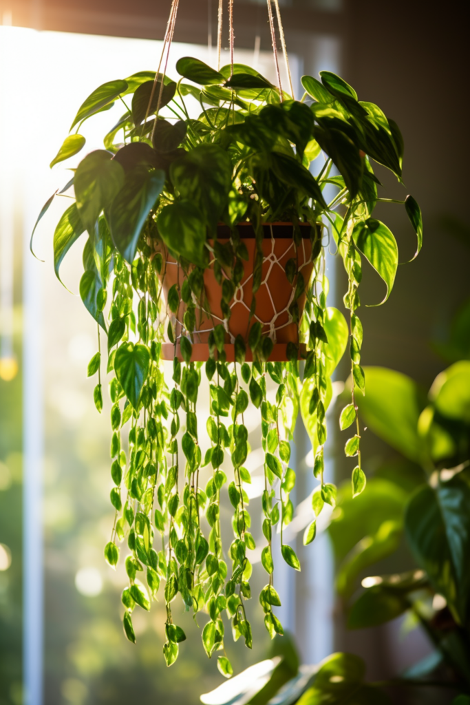 A ceiling-hung plant with green leaves, requiring minimal maintenance and care, positioned in front of a window.