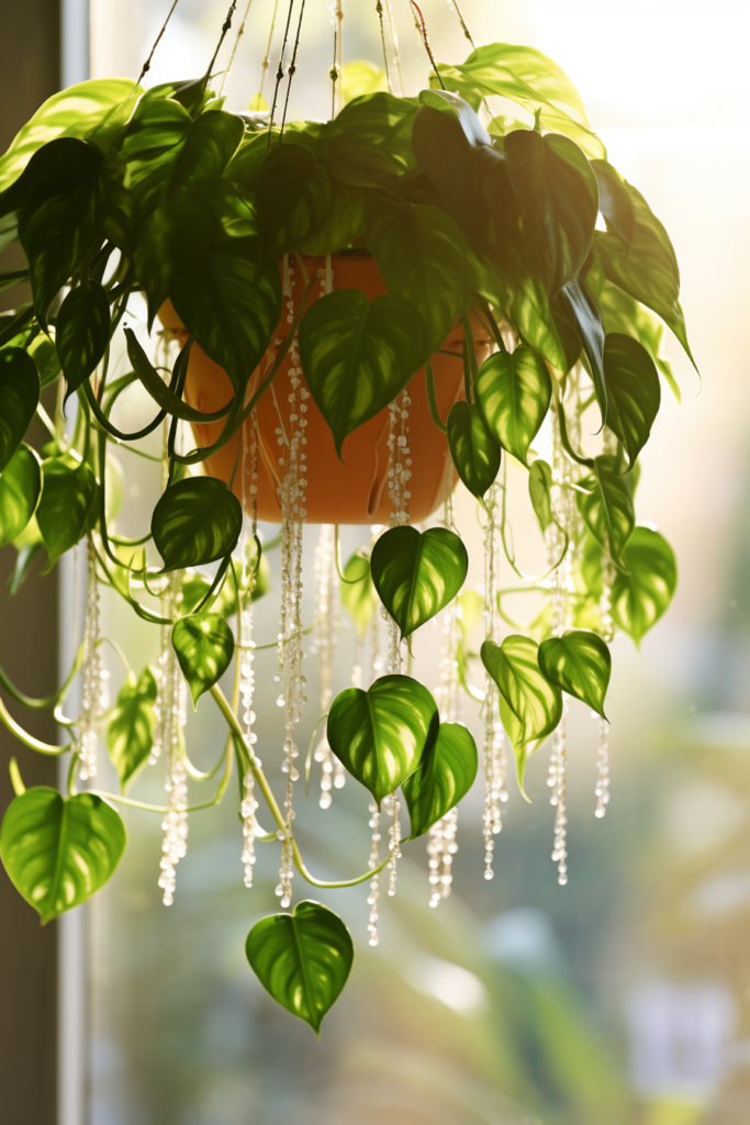 A ceiling-hung plant with green leaves in front of a window, requiring maintenance and care.