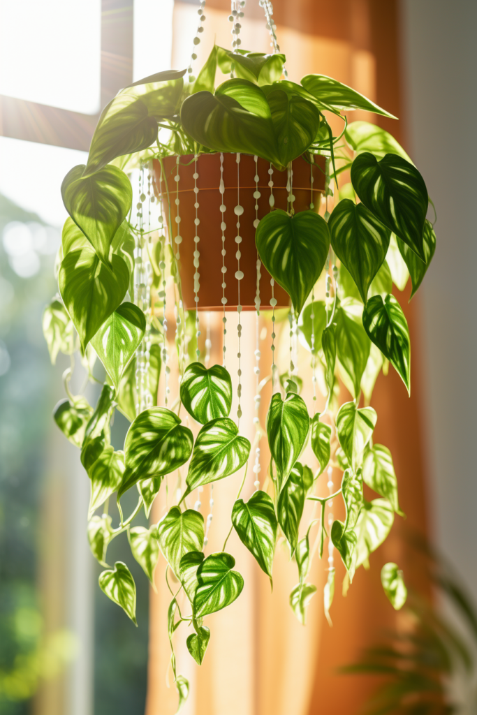 A carefree hanging plant with green leaves suspended in front of a window.