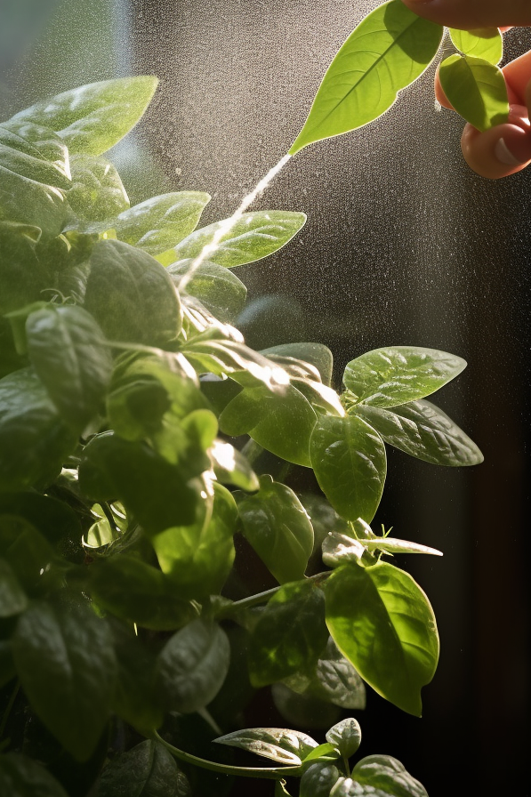A hand is providing care to a ceiling-hung plant by spraying water.