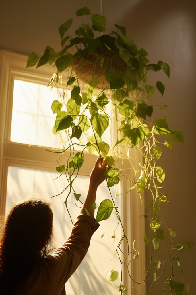 A woman carefully tending to a ceiling-hung plant in her window