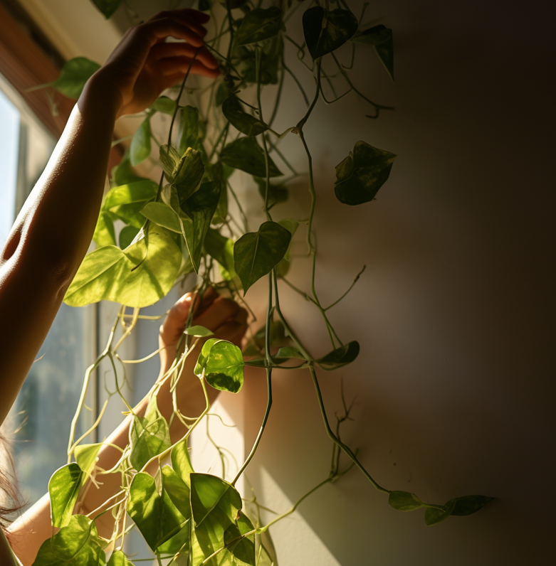 A woman carefully holding a ceiling-hung plant in front of a window, demonstrating her maintenance skills.