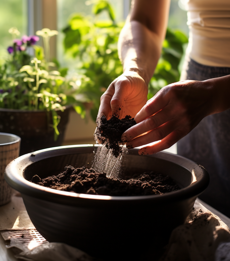 A woman carefully tending to ceiling-hung plants on a window sill, pouring soil into a bowl with utmost care and maintenance.