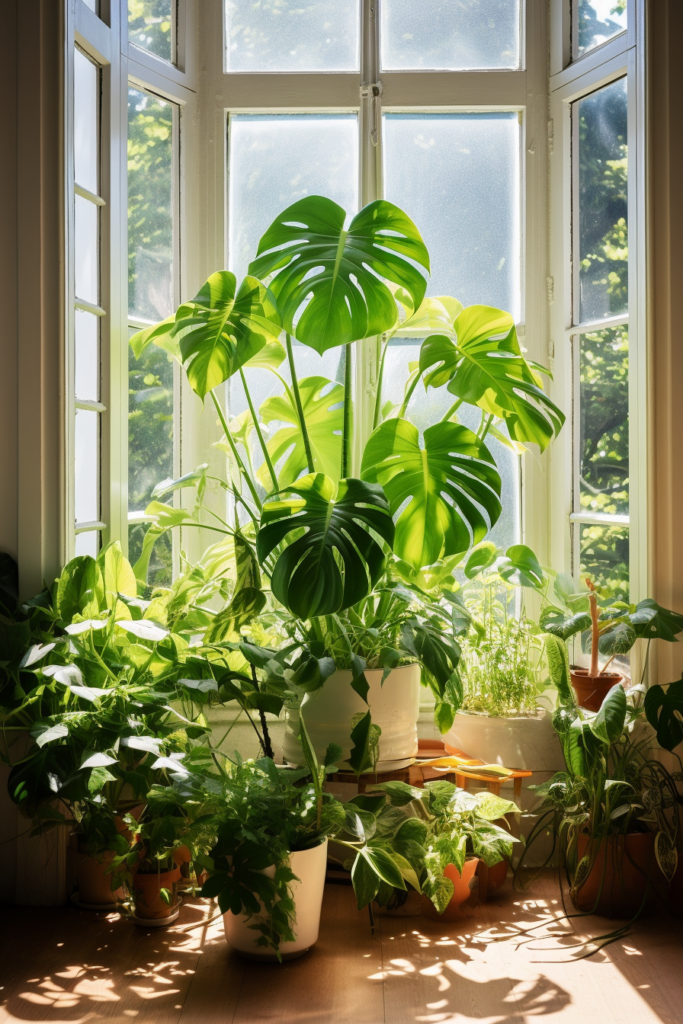 Ceiling-hung plants in front of a window requiring care and maintenance.