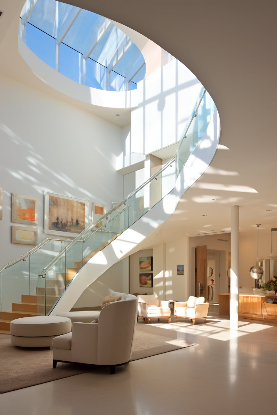 A circular staircase maximizes natural light in living rooms.
