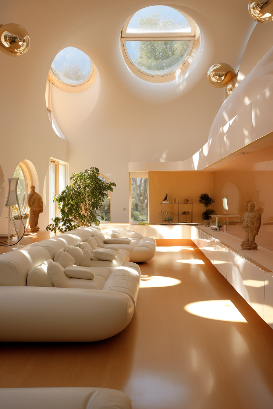A white couch in a living room filled with natural light.