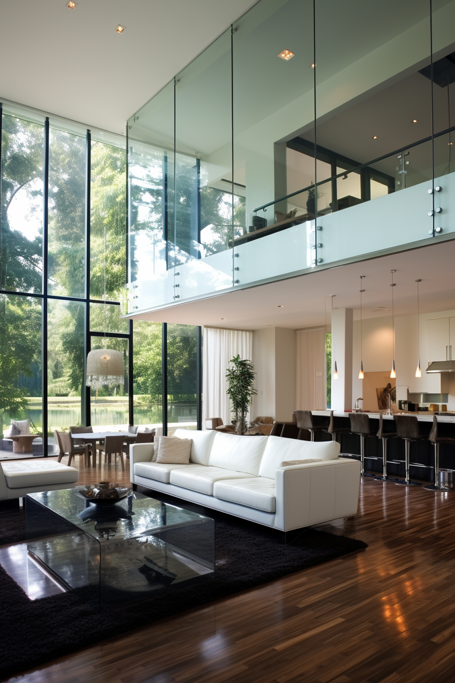 Unconventionally designed living room maximizing natural light with glass walls and floor to ceiling windows.
