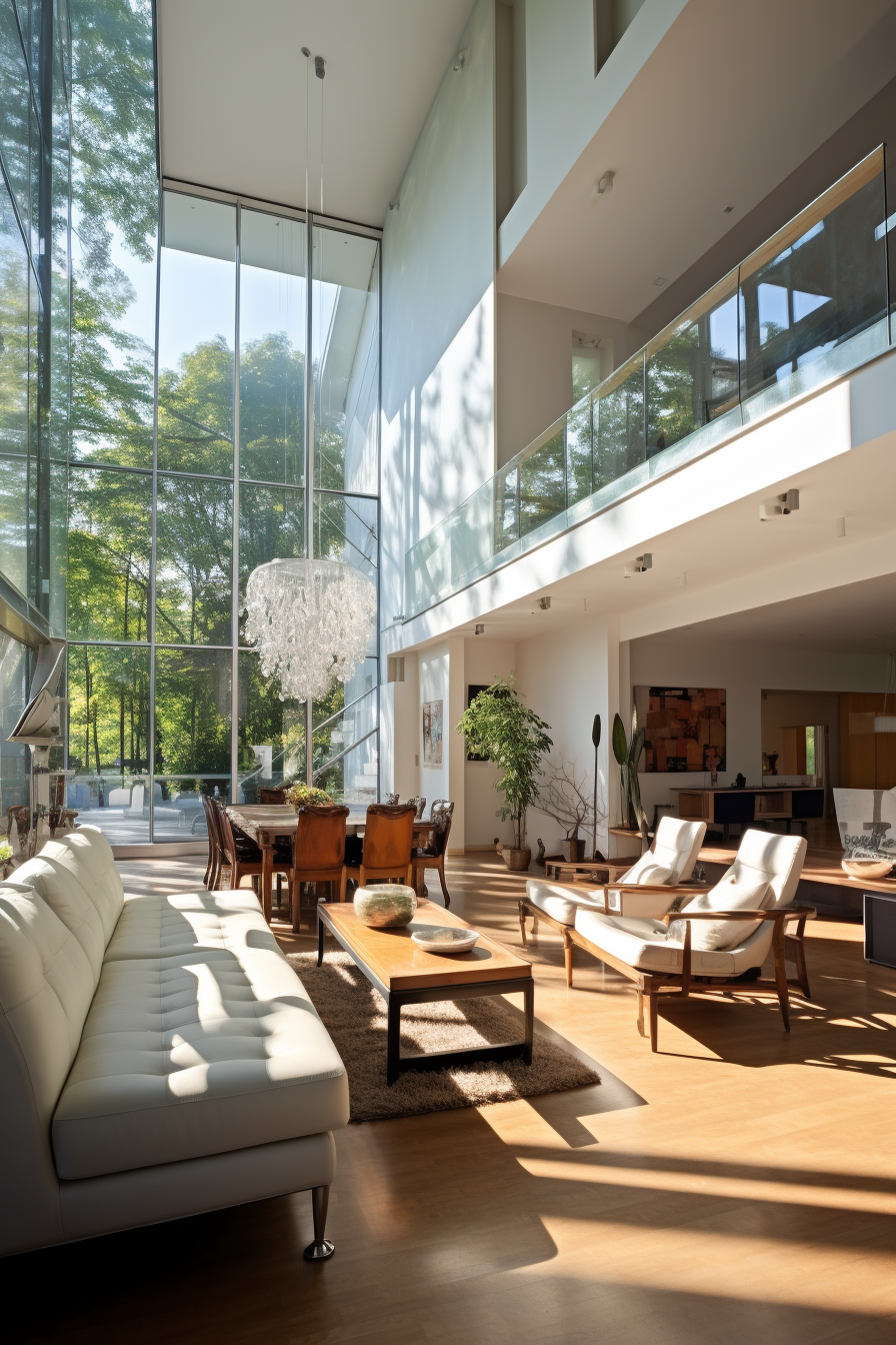 A modern living room with glass walls and large windows, maximizing the natural light in the space.