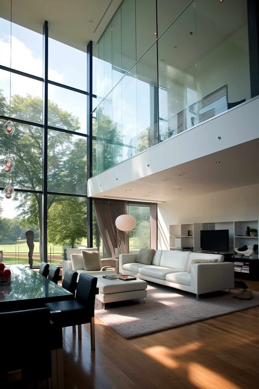 A modern living room with glass walls, maximizing natural light through large windows.