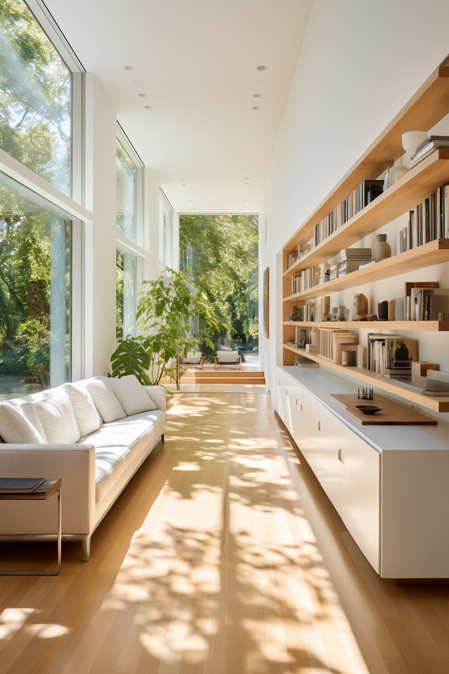 A white living room maximizing natural light with bookshelves and windows.
