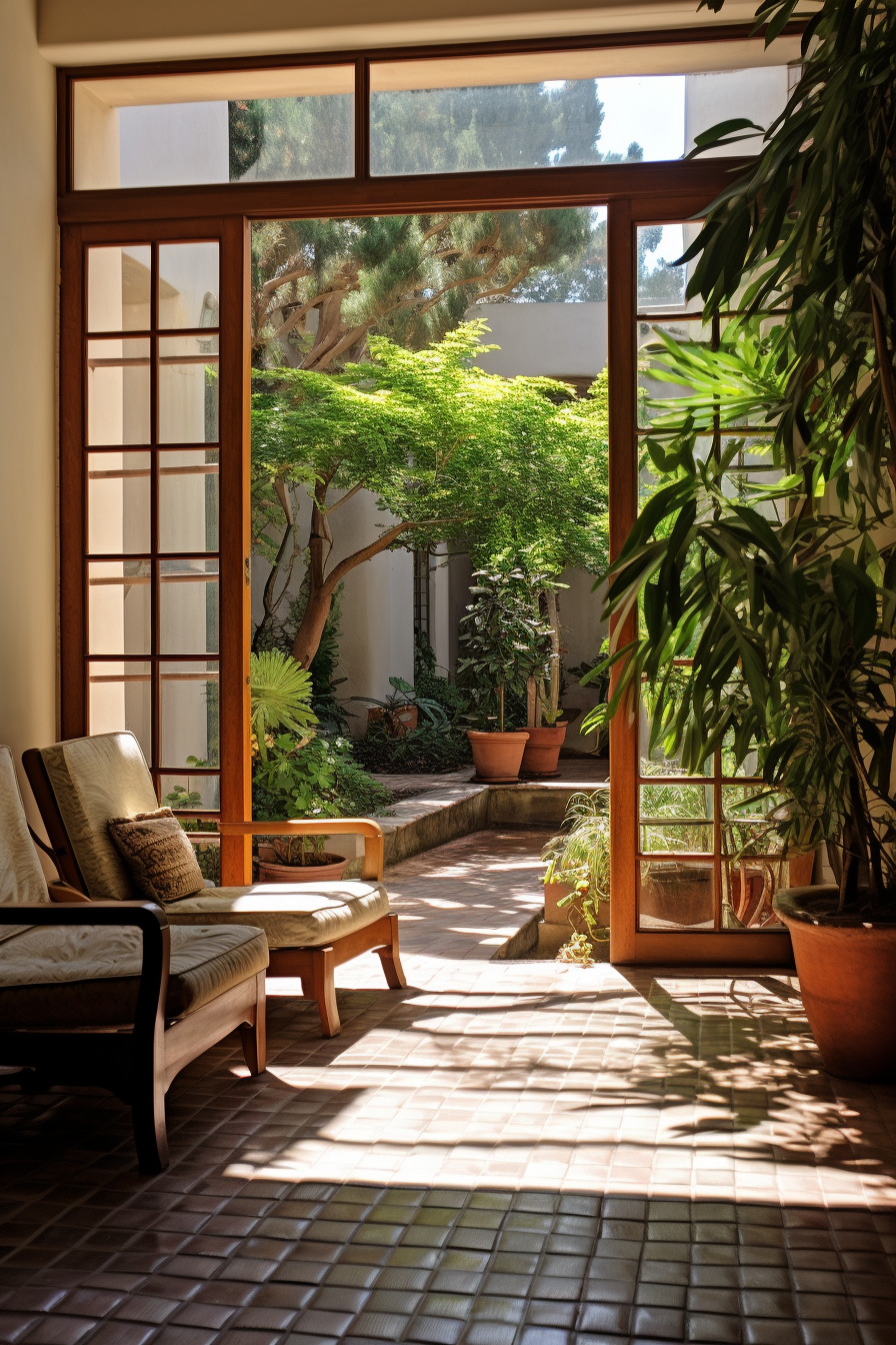 A patio maximizing natural light, adorned with a chair and a potted plant.