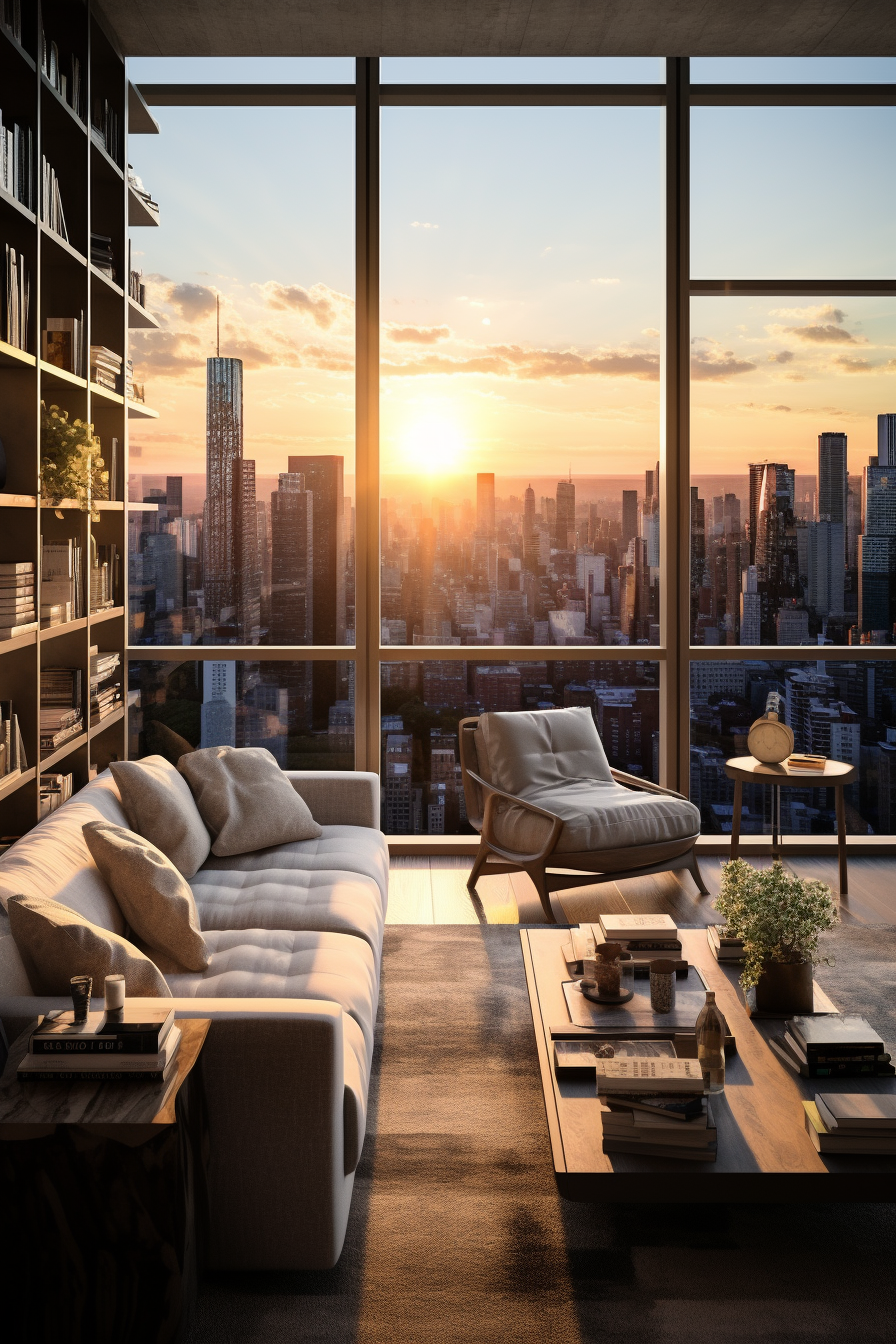 A living room with an unconventional design and a view of the city.
