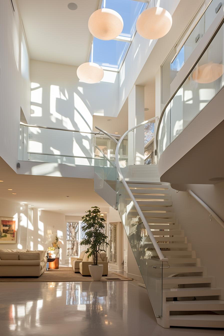 Description (modified):
A glass staircase in a modern home, maximizing natural light in the living rooms.