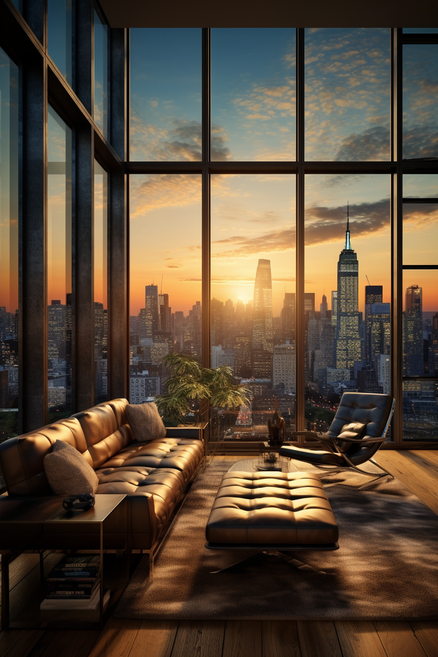 A living room maximizing natural light with large windows overlooking the city.