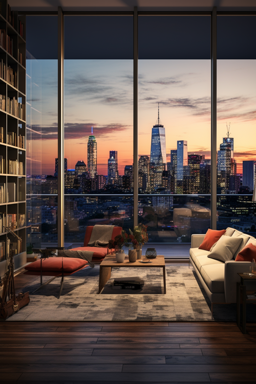 A living room with an unconventionally designed layout, maximizing natural light and offering a view of the city skyline.