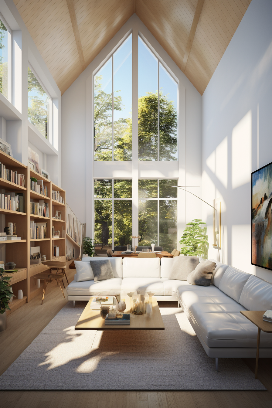 Unconventionally designed 3D rendering of a living room with a vaulted ceiling, maximizing natural light.